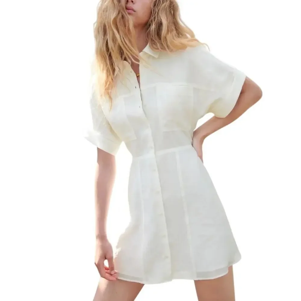 Zara Lined White Short Sleeve Button-Up Lightweight Shirt Short Dress – Sz L